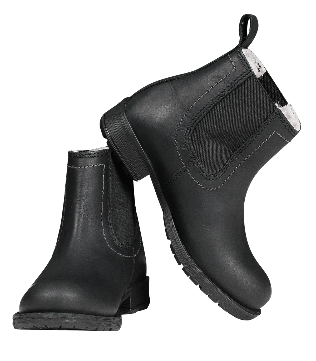 Pair of children's black leather jodhpur boots with elastic side panels and sturdy soles, designed for comfort and durability during riding.