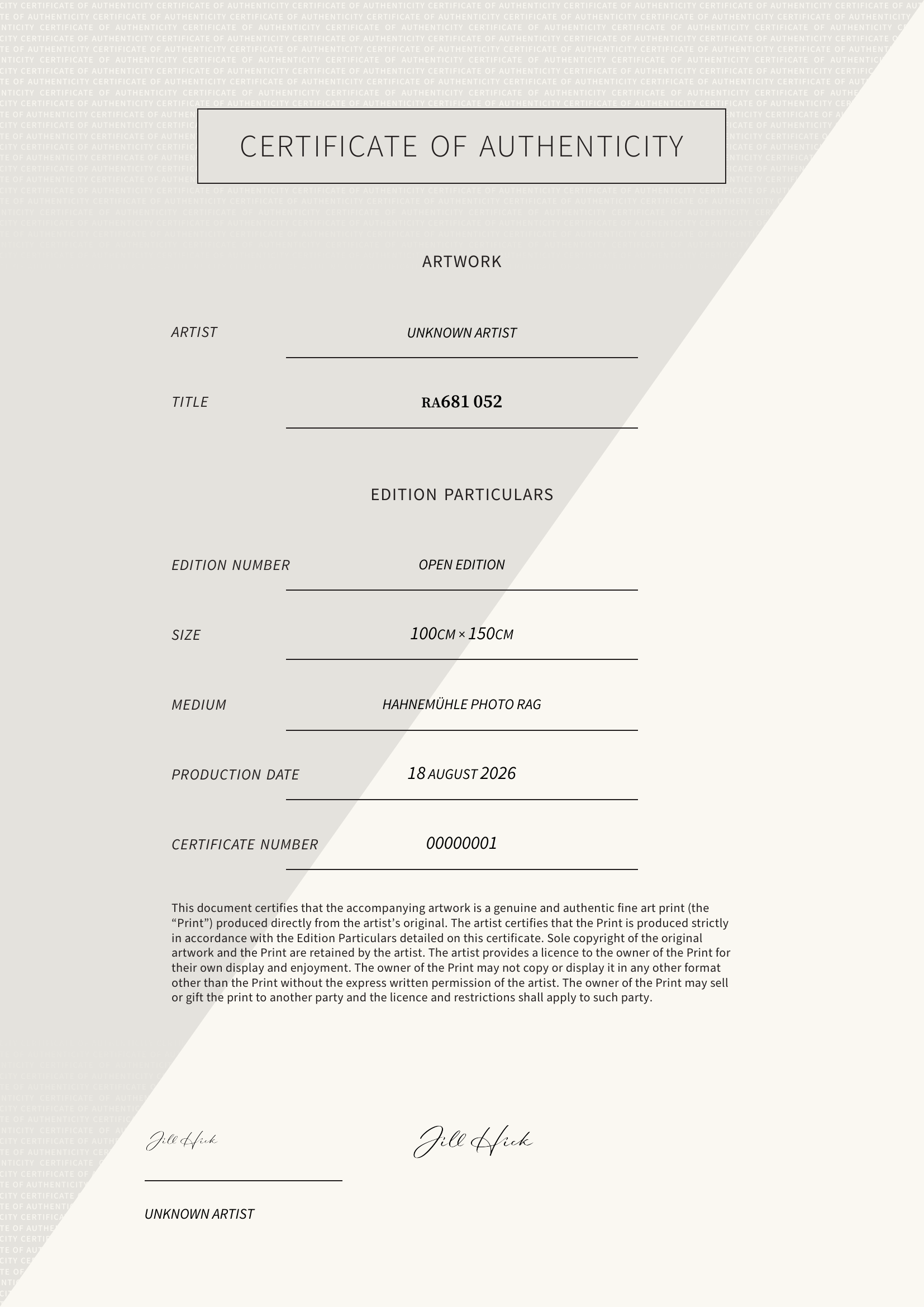 RA681 052 — Certificate of Authenticity